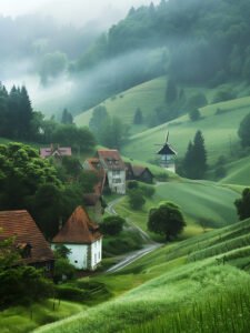 Village In Morning Mist - 13cm×18cm
