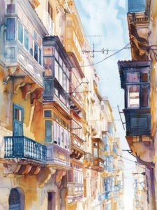 Valletta's Street Charm: A Vivid Watercolor Reverie Style C - 13cm×18cm