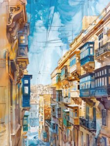 Valletta's Street Charm: A Vivid Watercolor Reverie Style D - 13cm×18cm