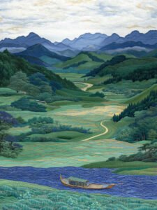 Boat Drifting Through Green Fields - 13cm×18cm