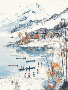 Quiet Boats by the Snowy Shore - 13cm×18cm