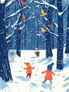 ‌Children's Joy in Snowy Forest - 13cm×18cm