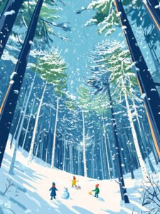 ‌Children's Playful Fun in Snowy Forest - 13cm×18cm