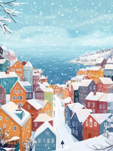 ‌Picture of a Town by the Sea with Snow Charm - 13cm×18cm