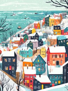 ‌Colorful Seaside Town in Winter - 13cm×18cm