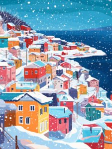 ‌Picture of a Town by the Sea with Snow Charm - 13cm×18cm