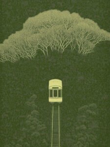 ‌Cable Car Journey amidst Green Tree Shadows - 13cm×18cm