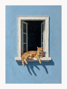 Orange Cat on Blue Wall - 13cm×18cm