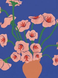 Pink Flowers in Clay Pot on Blue - 13cm×18cm