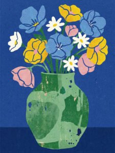 Colorful Flowers in Green Vase on Blue - 13cm×18cm