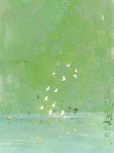 Flying Birds Over the Green Stream - 13cm×18cm